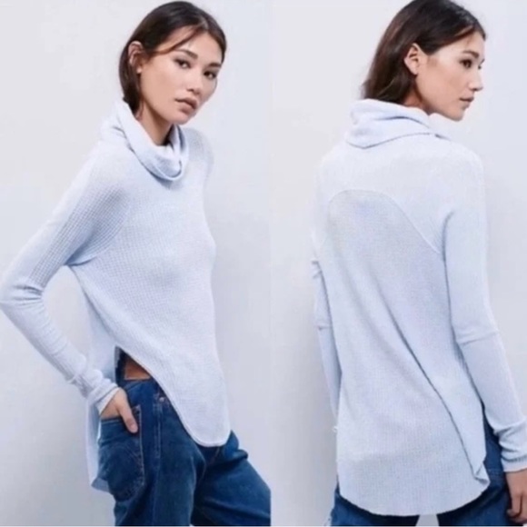 Free People Sweaters - We The Free People Kristina Blue Thermal Drippy Cowl Neck Curved Hem Sweater XS
